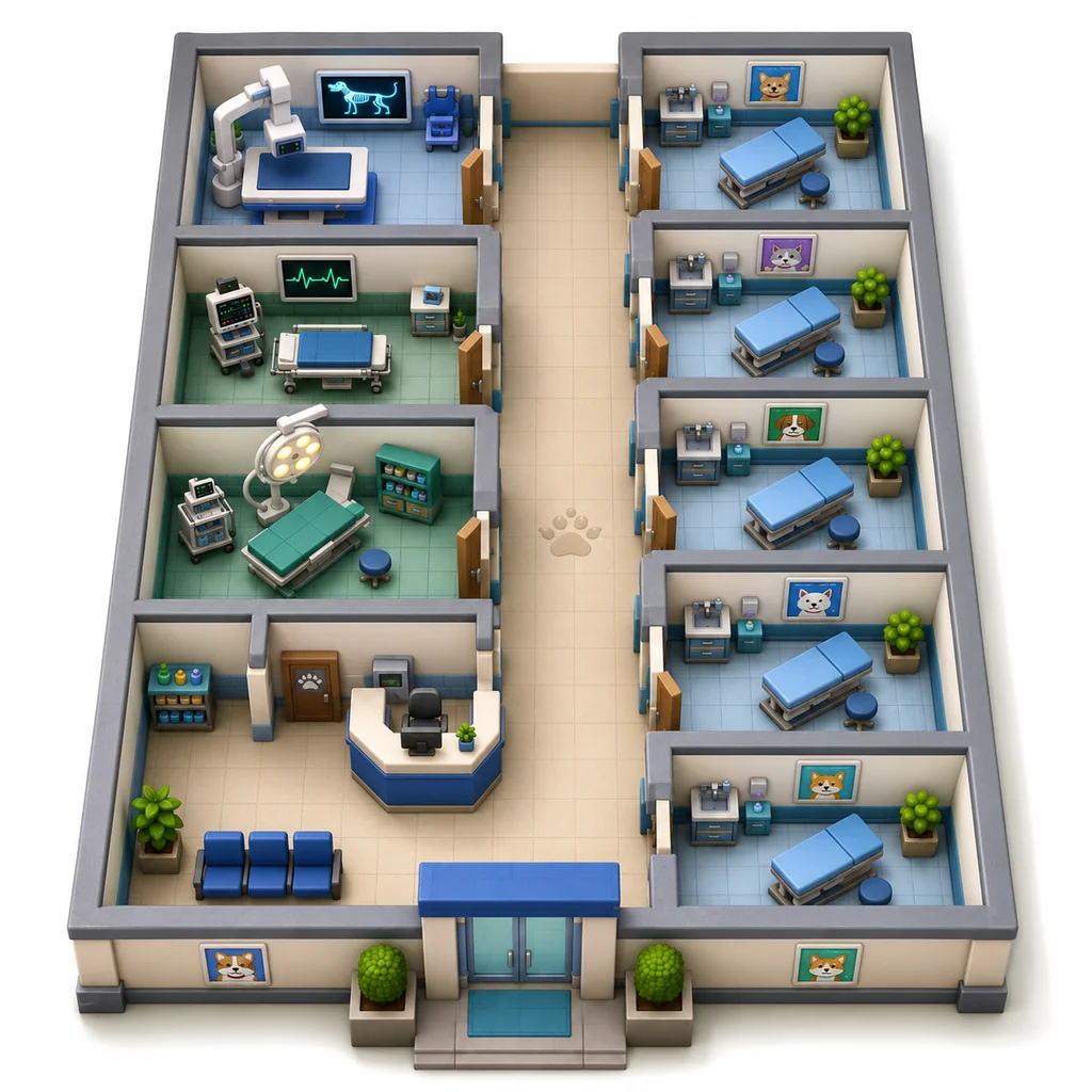 Simplified isometric Animal Hospital layout reference